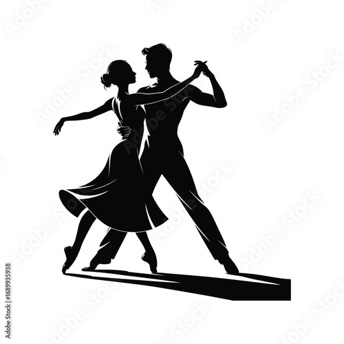Passionate Tango Dancers Silhouette Illustration in Elegant Embrace on White Background