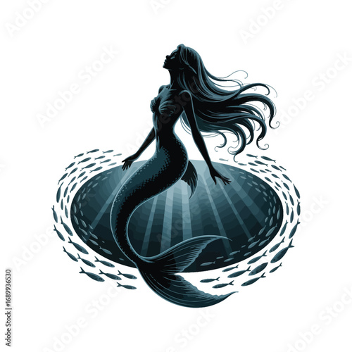 Mermaid Silhouette Illustration Surrounded by Fish School in Underwater Scene