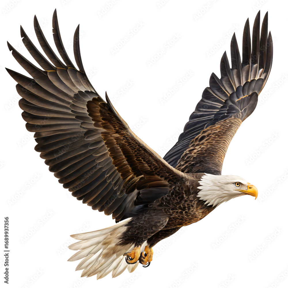 Fototapeta premium Soaring Eagle in Flight: A majestic bald eagle in mid-flight, showcasing its powerful wingspan and keen eyesight, represents freedom, strength, and unwavering focus.