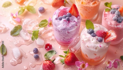 Pink, refreshing drinks topped with fruit