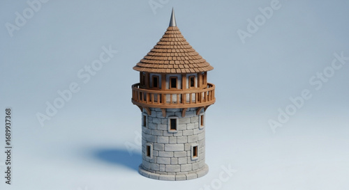 Fantasy medieval castle tower architecture design with stone walls and wooden roof structure illustration