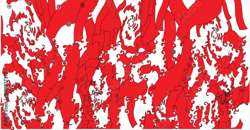 Abstract illustration featuring red, elongated shapes with swirling details against a white background, creating a dynamic and chaotic visual.