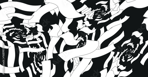 Abstract swirling white ribbons on a black background, creating a dynamic and chaotic visual pattern.