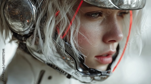 Portrait of a woman in futuristic headgear with reflective and neon elements