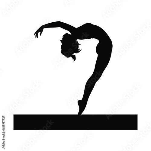Gymnast Silhouette Illustration on Balance Beam Performing Backbend on White Background