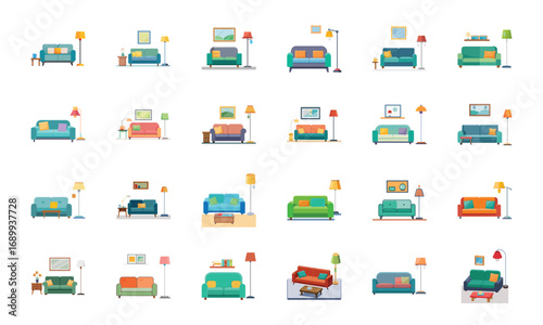 Home Interior and Furniture Icons Set – Living Room, Bedroom, Kitchen, Bathroom, Balcony, Garden, Fireplace, Chandelier, Sofa, Mailbox, Dining Table, Home Decor, Garage, Playground, Outdoor Patio, Win
