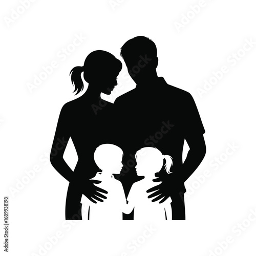Family Silhouette Illustration with Parents and Children in a Loving Embrace Together