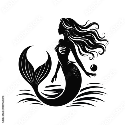 Enchanting Mermaid Silhouette Illustration with Flowing Hair and Pearl in Ocean Waves