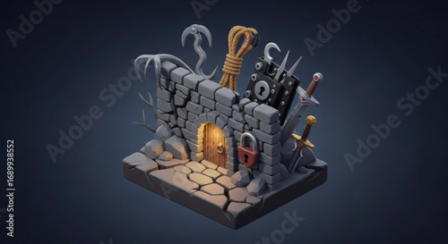 Fantasy dungeon scene with stone wall, swords, rope, and lock illustration for game asset design inspiration