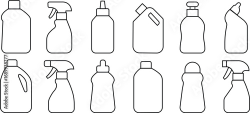 Cleaning product bottle icon set line styles, Monochrome detergent, spray, liquid container, household cleaner, disinfectant, soap, chemical packaging illustration isolated on transparent background.