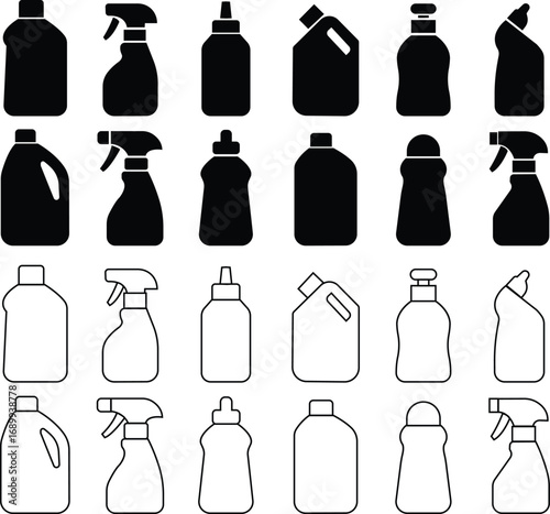 Cleaning product bottle icon set flat and line styles, Monochrome detergent, spray, liquid container, household cleaner, disinfectant, soap, chemical packaging illustration on transparent background.