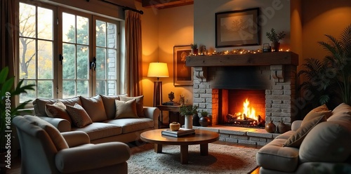Cozy Living Room Fireplace Warm Lighting, Comfortable Seating, Inviting Atmosphere Perfect for Relaxation and Family Time