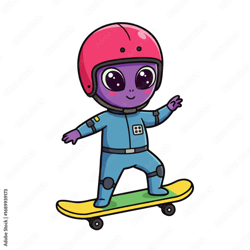 Naklejka premium Cute Alien Astronaut Skateboarding Cartoon.