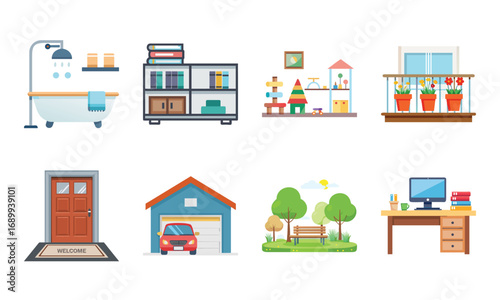 Home Interior and Furniture Icons Set – Living Room, Bedroom, Kitchen, Bathroom, Balcony, Garden, Fireplace, Chandelier, Sofa, Mailbox, Dining Table, Home Decor, Garage, Playground, Outdoor Patio, Win