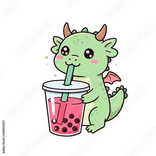 Cute Cartoon Dragon Character Drinking Bubble Tea.