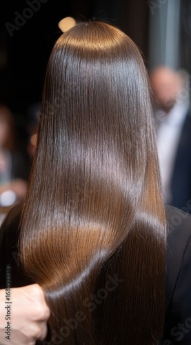 Back view of sleek, shiny brown hair, styled straight, against a blurry background of people in a dark room