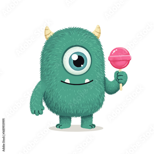 Cute Fluffy OneEyed Monster with Sweet Pink Lollipop.