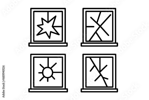 Broken window line icon collection. Shattered glass outline signs for web design. Cracked window pane vector symbol set. Vandalism and damage concept graphic elements for apps.
