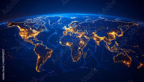 Night-lit global map showcasing interconnectedness via glowing lines
