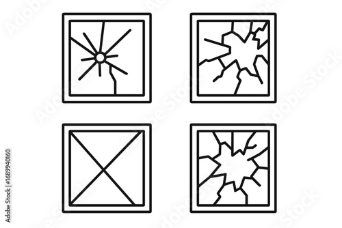 Broken window line icon set. Shattered glass outline vector pack. Cracked and damaged windowpane signs for graphic and web design, apps, and adverts. Vandalism concept.