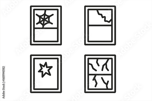 Broken window line icon pack. Cracked glass outline signs. Shattered pane vector set for web design, apps, and graphic interface. Vandalism, damage, and destruction symbol.