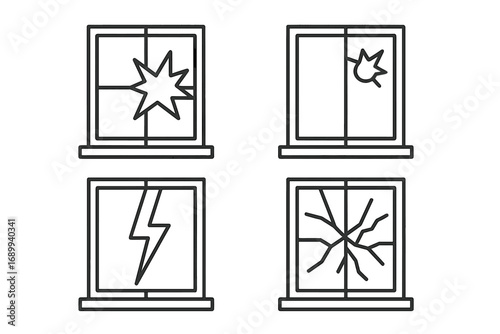 Broken window thin line icon set. Shattered glass, cracked pane, and damage concepts. Outline vector symbols for web design, graphic elements, mobile apps and user interface.