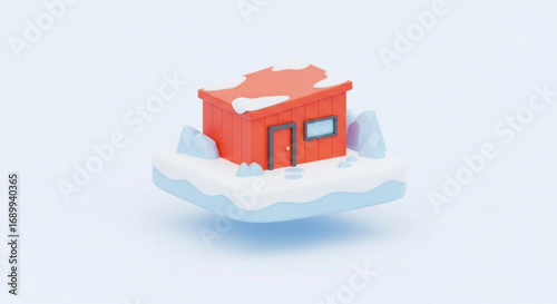 Winter cabin scene with snow covered roof and ground low poly 3d render for graphic design and illustration