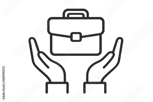 Hands hold briefcase linear icon. Concept of business services, job offer, career support, employment, and work. Corporate portfolio protection. Vector pictogram for web and app.