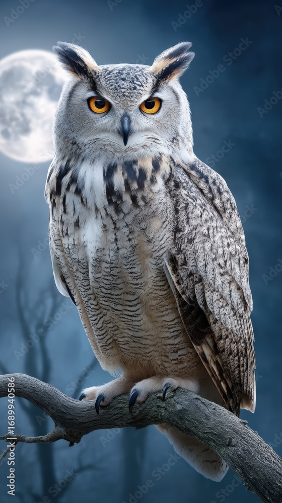 Obraz premium Majestic Owl Perched on Branch Against Mystical Moonlit Background