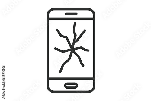 Broken smartphone with cracked screen. Minimalistic line icon. Damaged mobile phone concept for repair service. Device problem symbol. Vector pictogram for web, app, ui, ux.