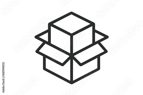 Package delivery and shipping concept. Open cardboard box with product inside. Isometric vector line icon for logistics, e-commerce, unboxing, storage, moving and cargo.