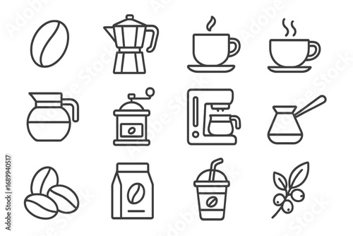 Coffee line icon set. Vector symbols for cafe, barista, restaurant menu. Includes moka pot, grinder, espresso cup, drip machine, beans. Outline signs for web, apps and mobile.