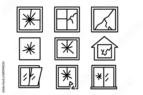 Broken window line icon set. Glass crack, damage, vandalism, shattered pane symbols. Outline vector icons for home repair, insurance claims, accidents, emergency, web design.