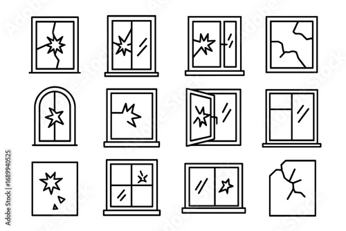 Broken window line icon set. Cracked glass outline vector signs. Property damage, vandalism, accident concept. Emergency, repair service, insurance icons for web, apps, ui, ux.