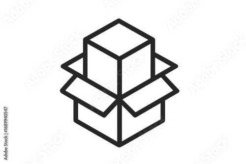 Product packaging outline icon. Box in a box concept. Unboxing, packing, and shipping symbol. Logistics, delivery, and storage vector illustration. Simple line art design.