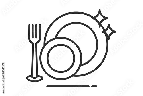 Clean dishes line icon. Washing plates and cutlery concept. Sparkling kitchenware outline vector illustration. Symbol of hygiene, household chores, restaurant service, cafe.