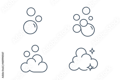 Soap bubble and foam line icon set. Vector pictogram illustration for cleaning and washing concepts. Minimalist symbols for hygiene, detergent, laundry, and sparkling freshness.