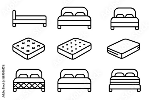 Bed and mattress line icon set. Bedroom furniture, sleep and rest symbols. Orthopedic mattress pictogram collection for UI, web, app. Vector outline icons with editable stroke.