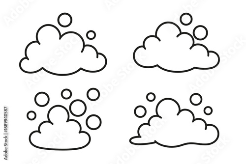 Soap foam and bubble outline vector icon set. Simple cartoon line art illustration of suds, lather, and fizzy pop. Graphic design element for cleaning or washing concepts.