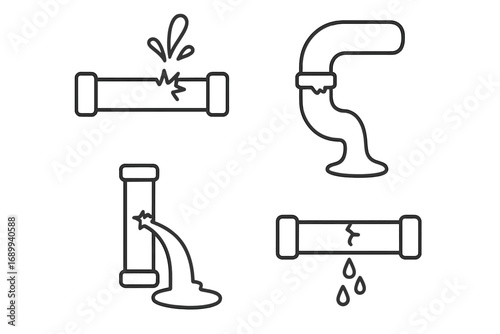 Broken pipe icon set. Water leak, plumbing damage, burst pipe, dripping water. Vector line illustration. Emergency repair symbol. Leaking pipeline, water flow, crack, spill icon.