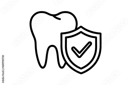 Dental protection line icon. Tooth with shield symbol. Concept for dental insurance, health care, stomatology, oral hygiene. Approved check mark. Vector outline illustration.