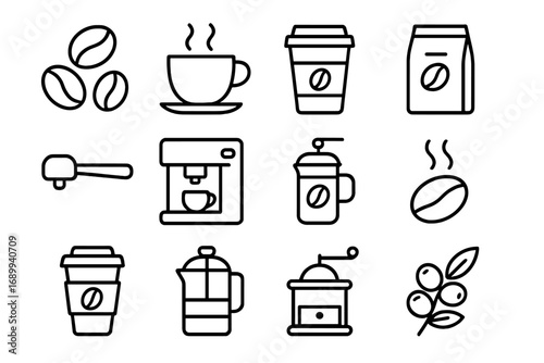 Coffee line icon set. Vector outline symbols for cafe, barista. Includes coffee bean, cup, espresso machine, grinder, French press, pot. Minimalist pictograms for web, app design.