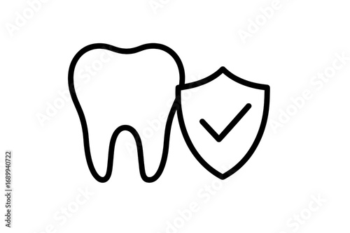 Dental protection icon. Tooth with shield and check mark symbol. Concept of dental insurance, health care, stomatology, oral hygiene, medicine, approved, guarantee and safety.