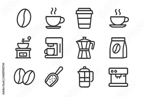 Coffee line icon set. Barista equipment and cafe symbols. Vector outline pictograms. Espresso machine, grinder, moka pot, french press, coffee bean, cup and beverage.