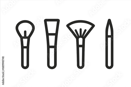 Set of cosmetic makeup brushes. Minimalist line icon collection for beauty and skincare concepts. Vector graphic elements for make-up artist, web, and app design.