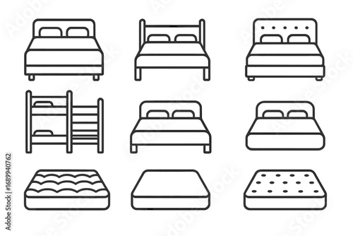 Bed and mattress line icon set. Furniture for bedroom, hotel, and rest. Vector symbols for sleep, accommodation. Includes double bed, bunk bed, and orthopedic mattress icons.