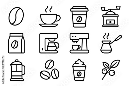 Coffee line icon set. Barista, cafe elements. Simple outline pictogram collection. Coffee bean, cup, machine, grinder, french press, pot. Vector symbol for web, app, menu.