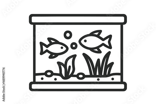 Aquarium outline icon with two fish, seaweed, and bubbles. Vector illustration for graphic design. Fish tank simple line art. Pet shop logo. Aquatic life concept. Marine symbol.