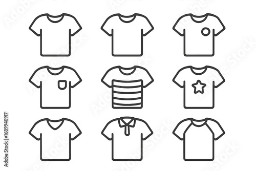 T-shirt line icon set. Collection of shirt styles like polo, v-neck, pocket tee and raglan sleeve. Simple apparel outline symbols for fashion, web and apps. Editable stroke vector.