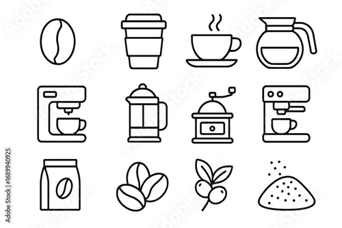 Coffee line icon set vector collection. Cafe and barista outline symbols for web design, apps, menu. Includes espresso machine, french press, grinder, drip pot, roasted bean, cup.